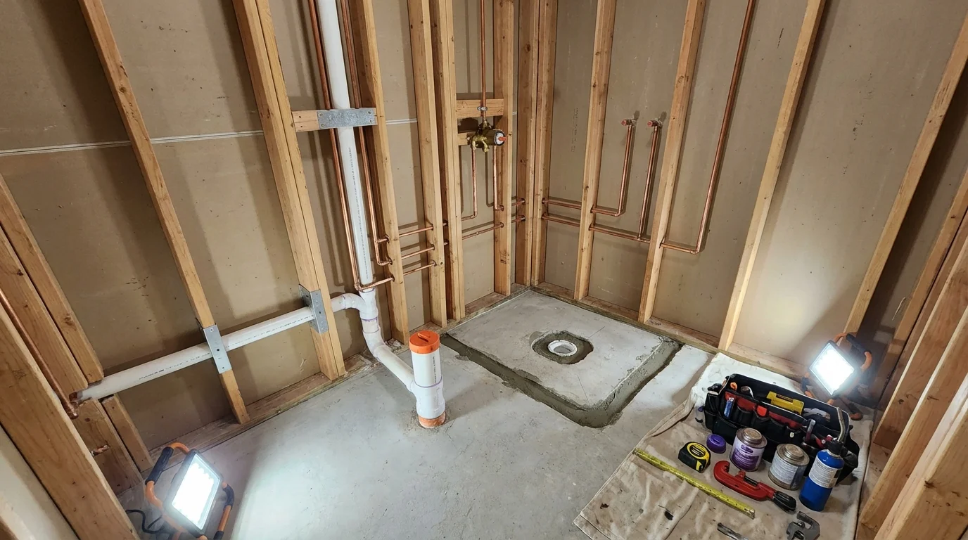 Bathroom rough-in plumbing during remodel by Johns Plumbing LLC in Susquehanna