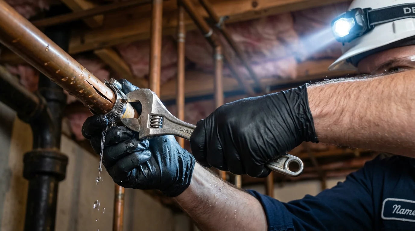 Emergency pipe clamp repair being performed by a Johns Plumbing LLC plumber in Susquehanna