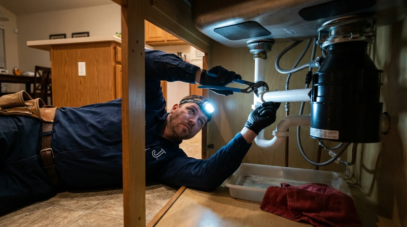 P-trap and supply line connections under a kitchen sink showing a common leak point in Susquehanna, PA